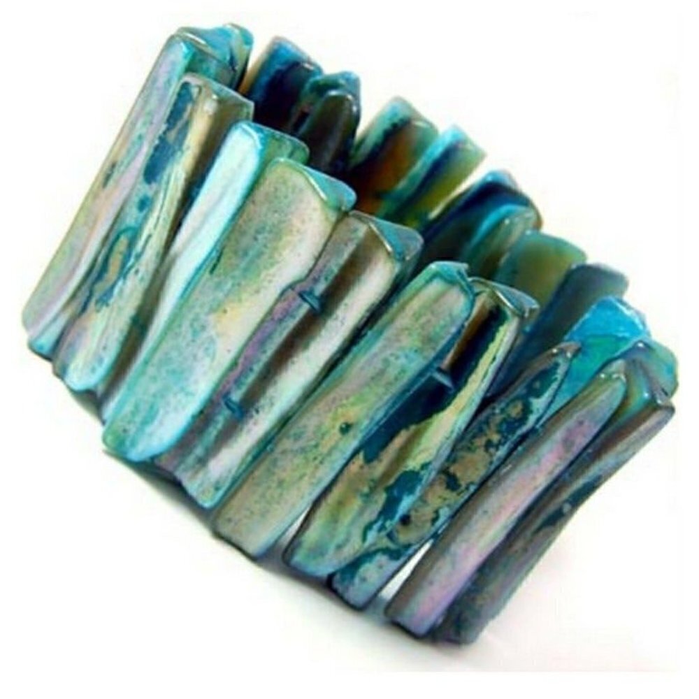 Blue Mother of Pearl Rustic Beach Resort Pool Sea Shell MOP Stretch Bracelet
